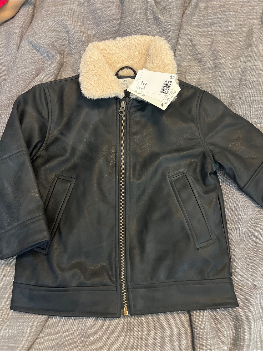H&M Kids Black Faux Leather Jacket with Cream Sherpa Collar